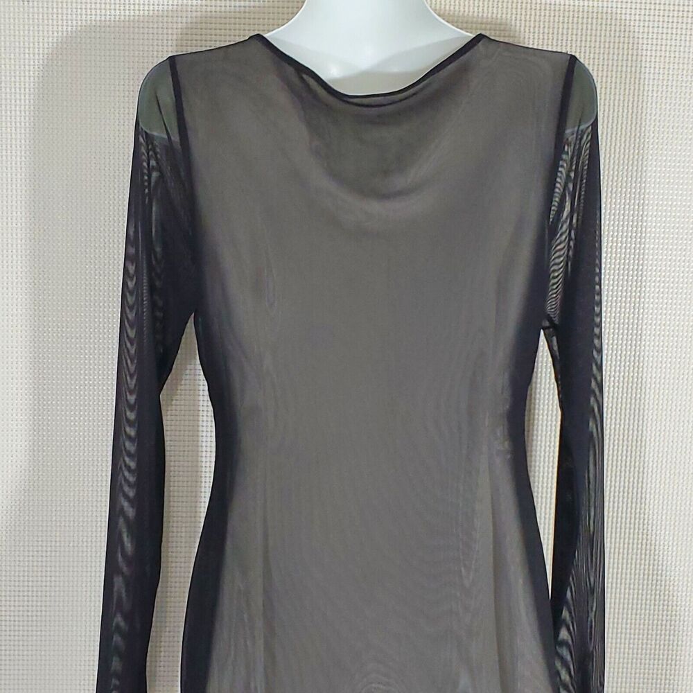 Carmen Marc Valvo Dress Medium Black Sheer Mesh Overlay Nude BodyCon Sheath - Picture 7 of 11